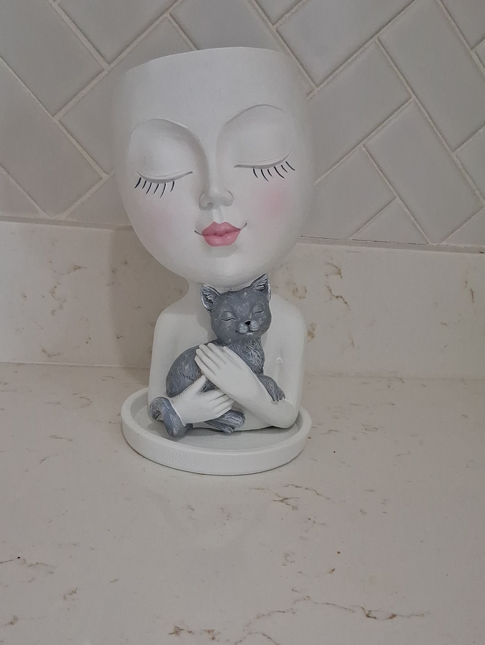 White Ceramic Planter Sculpture with Pink Lips & Gray Cat